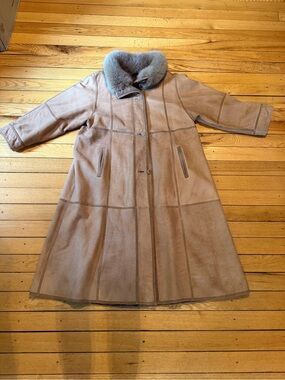70s Vintage Camel Suede Shearling Penny Lane Long Coat Fur Collar Boho XL